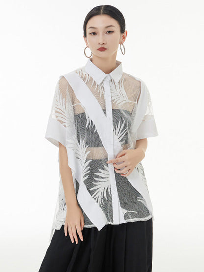 Stylish Loose Half Sleeves Buttoned Mesh Hollow See-through Blouses&shirts Tops