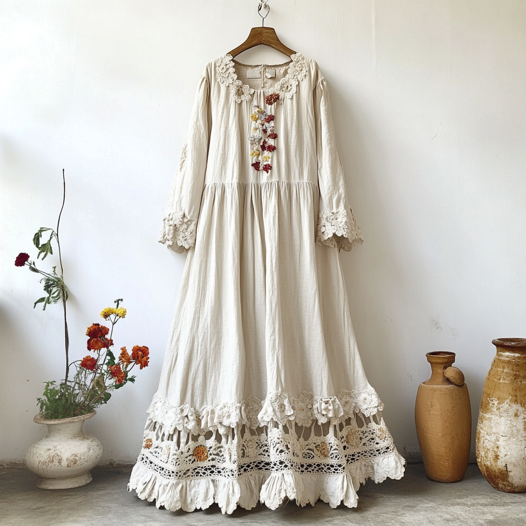 Vintage Lace Flowers Art Linen Maxi Dress elevenforest
