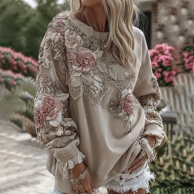 Women's Retro Floral Lace Patchwork Art Cozy Sweatshirt elevenforest
