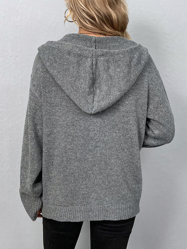 Wrap Buttoned Hooded Color Cardigan