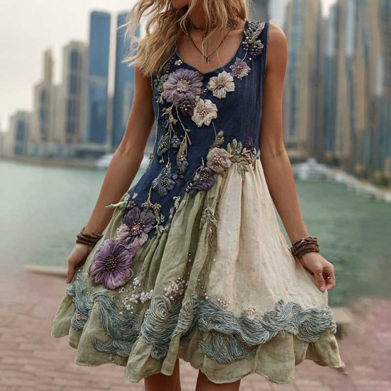Women's Classy Gradient Japanese Sakura Cherry Blossoms And Sea Wave Embroidered Cotton And Linen Tank Dress elevenforest
