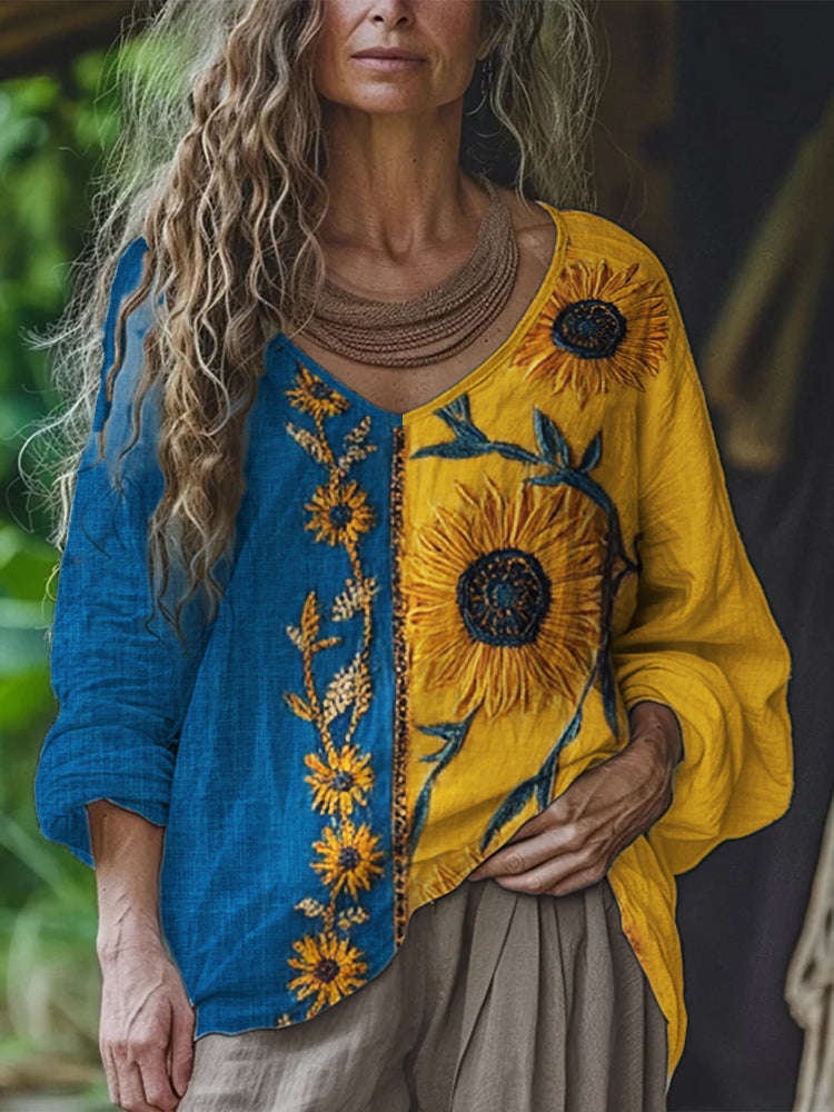 Ethnic Sunflowers Embroidered Contrast Color Linen Tunic elevenforest
