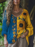 Ethnic Sunflowers Embroidered Contrast Color Linen Tunic elevenforest