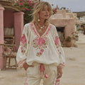 Vintage Floral Art Embroidery Linen V-neck Long Sleeves T-shirt elevenforest