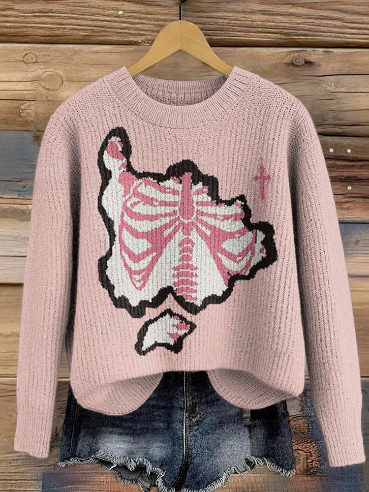 Women's Halloween Skull Print Crew Neck Sweater artswardrobe