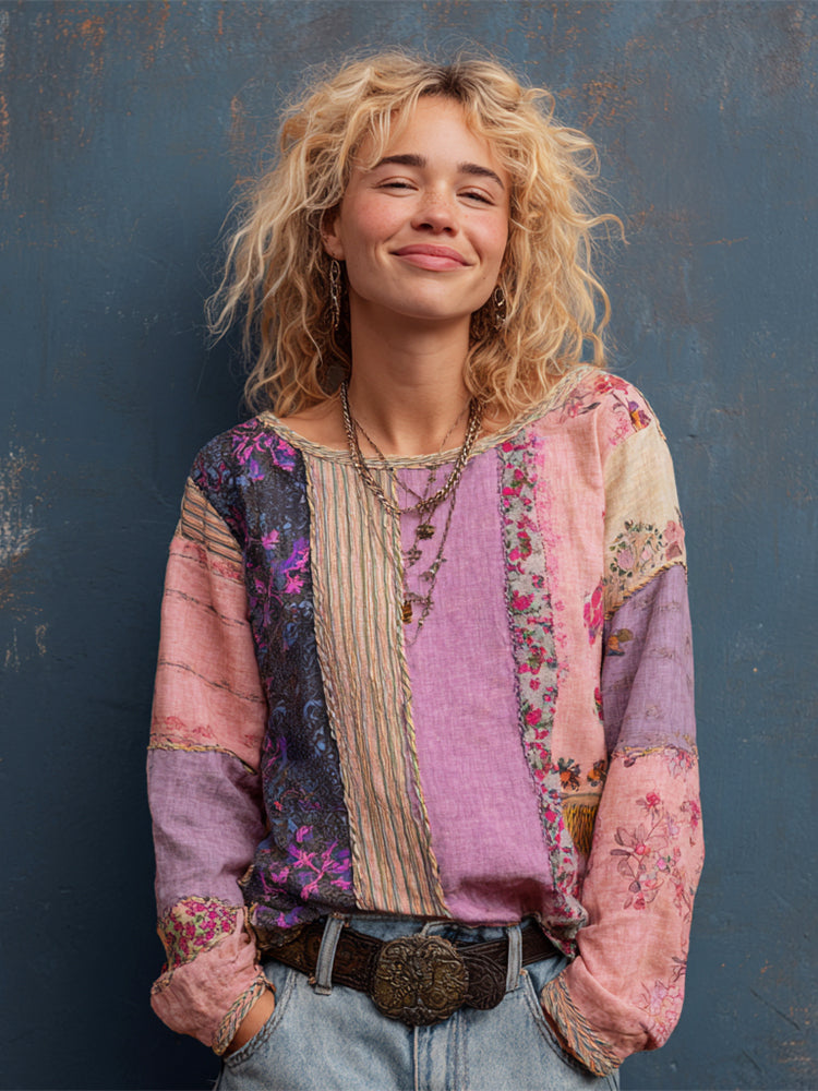 Rustic Boho Floral Patchwork Art Women's Linen Long Sleeve Shirt elevenforest