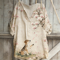 Japanese Art Retro Style Dog And Plant Flower Pattern Cotton And Linen Shirt elevenforest