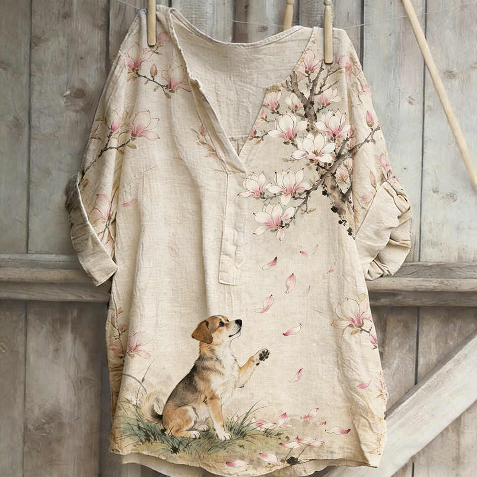 Japanese Art Retro Style Dog And Plant Flower Pattern Cotton And Linen Shirt elevenforest