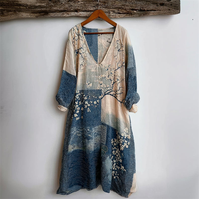 Comstylish Cherry Blossom Sea Waves Japanese Sashiko Art Linen Mini Dress