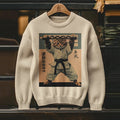 Men's Martial Cat With Nunchucks Art Print Knit Sweater elevenforest