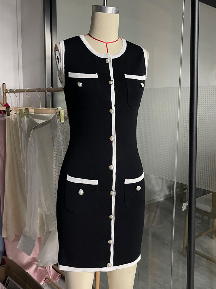Tossy Sleeveless Patchwork Mini Dress With High Waist Pocket Cardigan