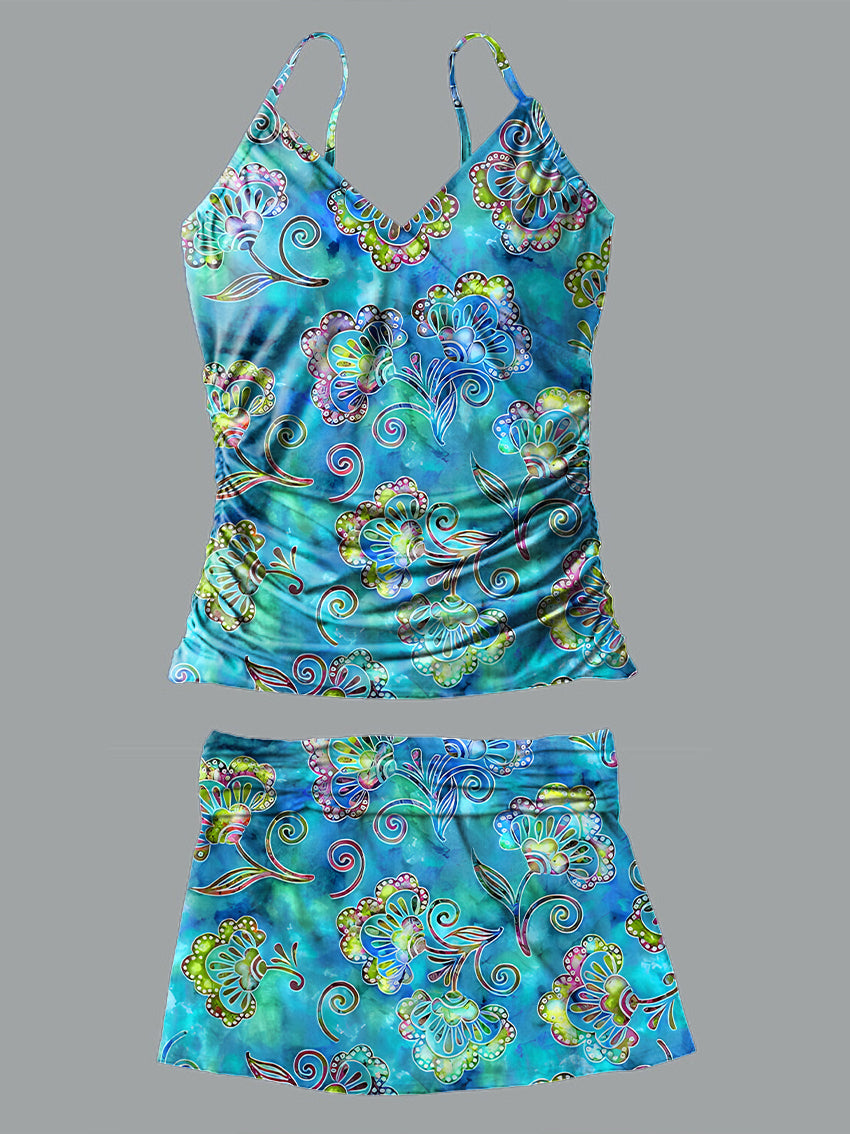 V-Neck Vintage Multicolor Flowers Art Print Suspender Skirt Tankini Pantskirt Set Swimsuit