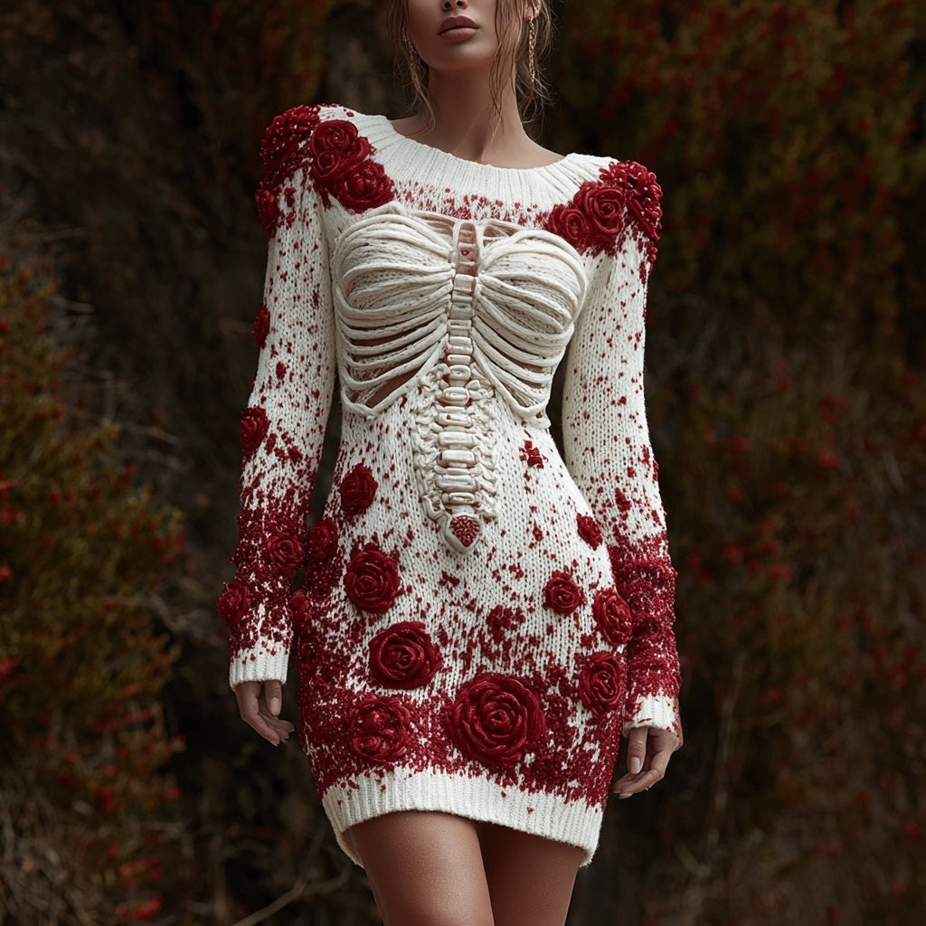 Bloody Skeleton Roses Embroidered Cozy Sweater Dress artswardrobe