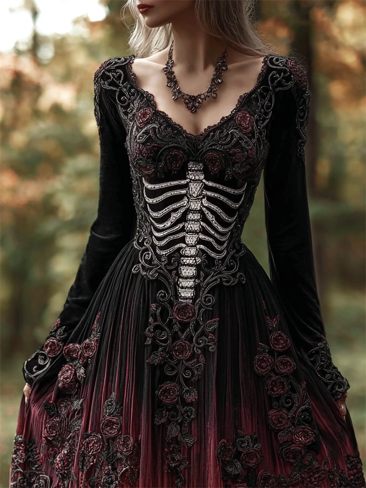 Vintage Skeleton Roses Celtic Gradient Velvet Maxi Dress elevenforest