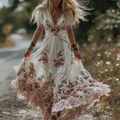 Vintage Floral Embroidery Art Women's Comfy Linen Maxi Dress elevenforest
