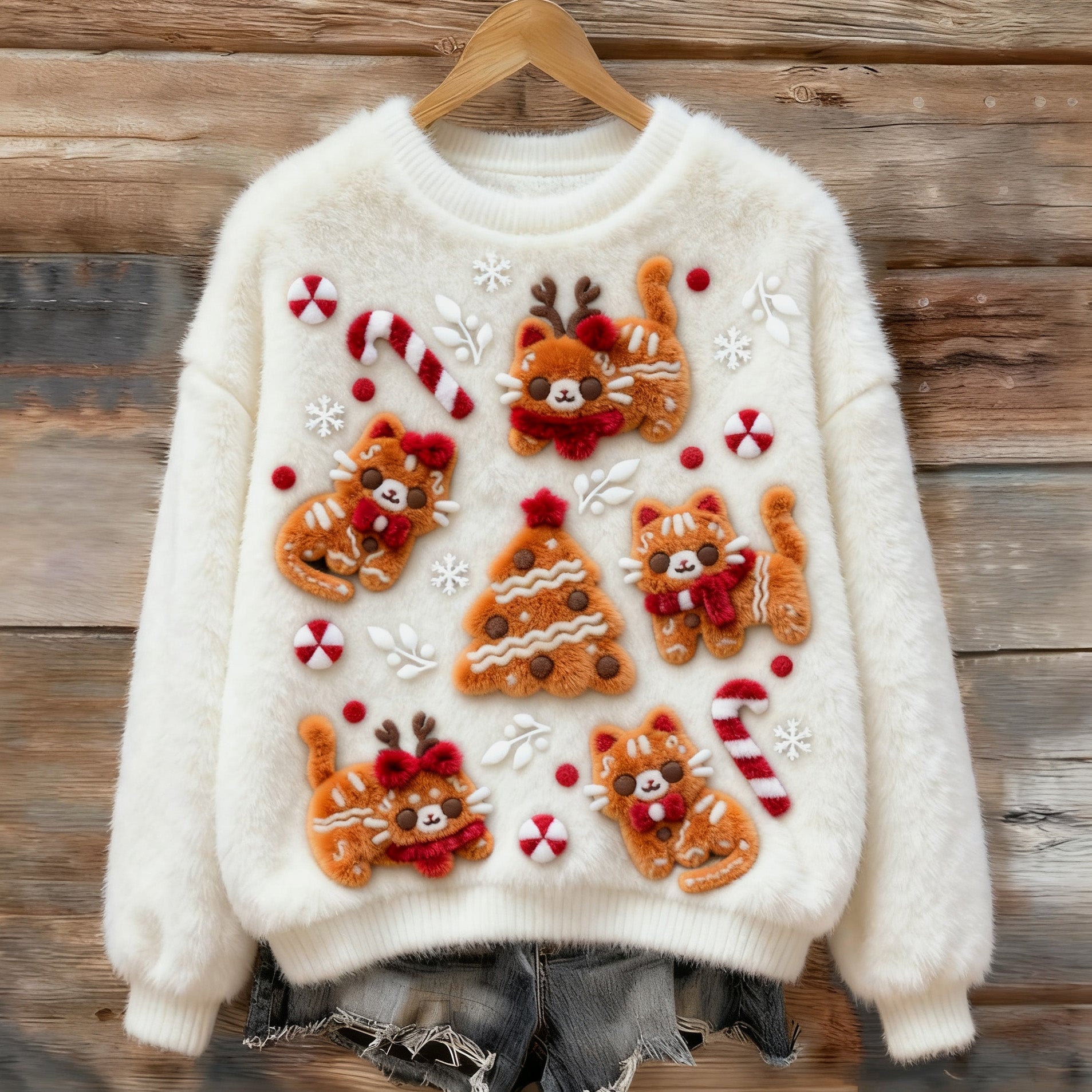 Women's Christmas Tree Cat Plush Sweater elevenforest