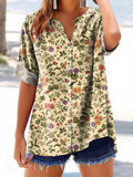 Women's Vintage Floral Art Print Casual Cotton And Linen Shirt