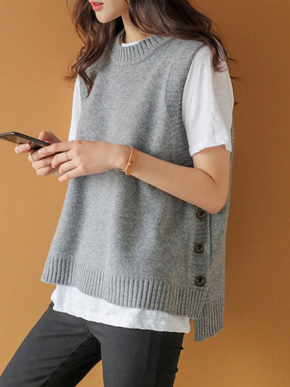 Simple Sleeveless Loose Buttoned Color Round-neck Sweater Vest Outerwear