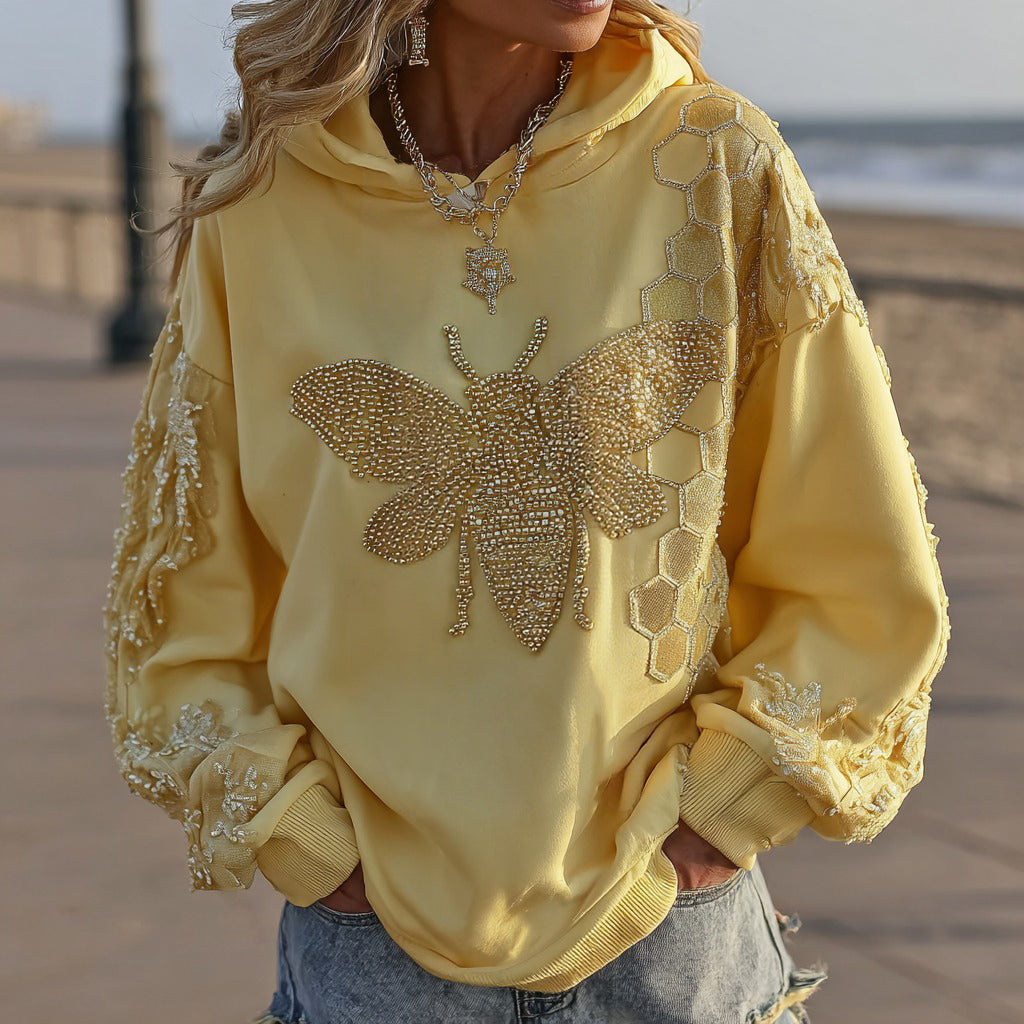 Women's Retro Rhinestone Bee And Honeycomb Casual Hoodie elevenforest