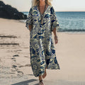 Women's Ethnic Floral Print V Neck Comfort Linen Dress elevenforest