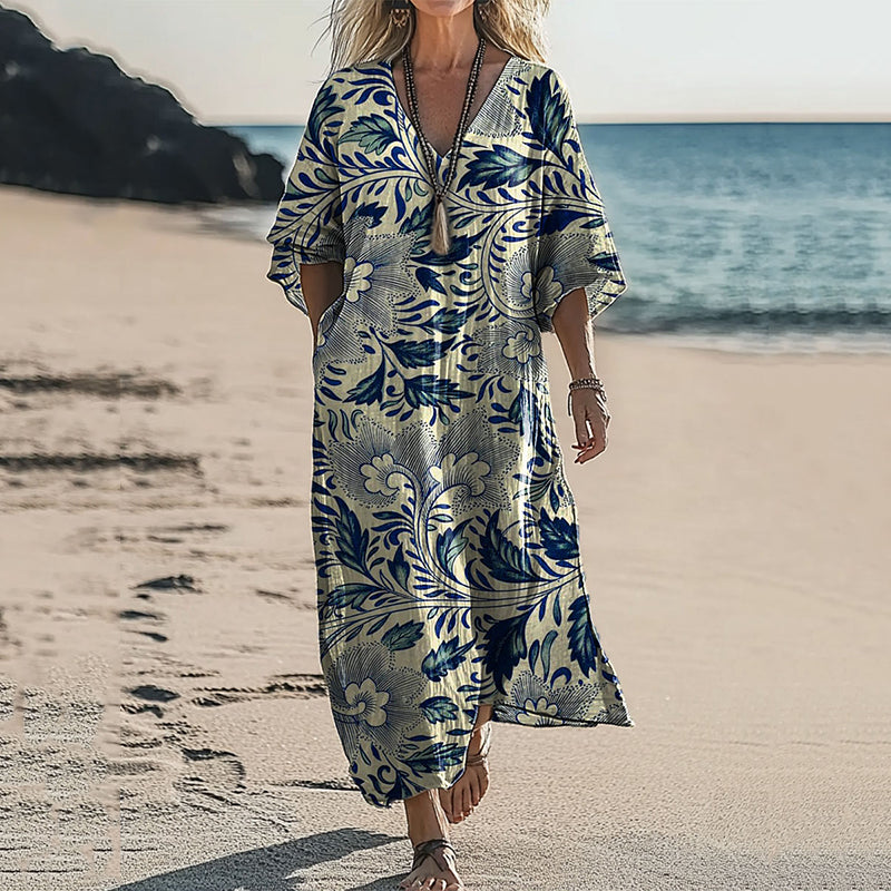 Women's Ethnic Floral Print V Neck Comfort Linen Dress elevenforest