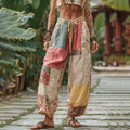 Vintage Retro Rose And Floral Patchwork Art Linen Pants elevenforest