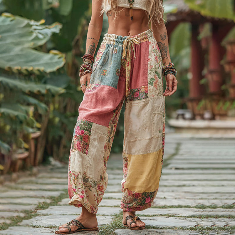 Vintage Retro Rose And Floral Patchwork Art Linen Pants elevenforest