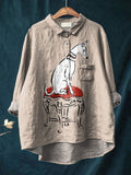 Comstylish Curious Puppy Dog Printed Women's Casual Cotton And Linen Shirt