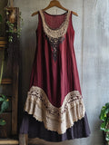 Retro Lace Patchwork Flowy Linen Tank Dress elevenforest