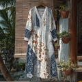 Japanese Art Retro Style Geometric Patchwork Design Lace Patch Women's Cotton And Linen Dress elevenforest