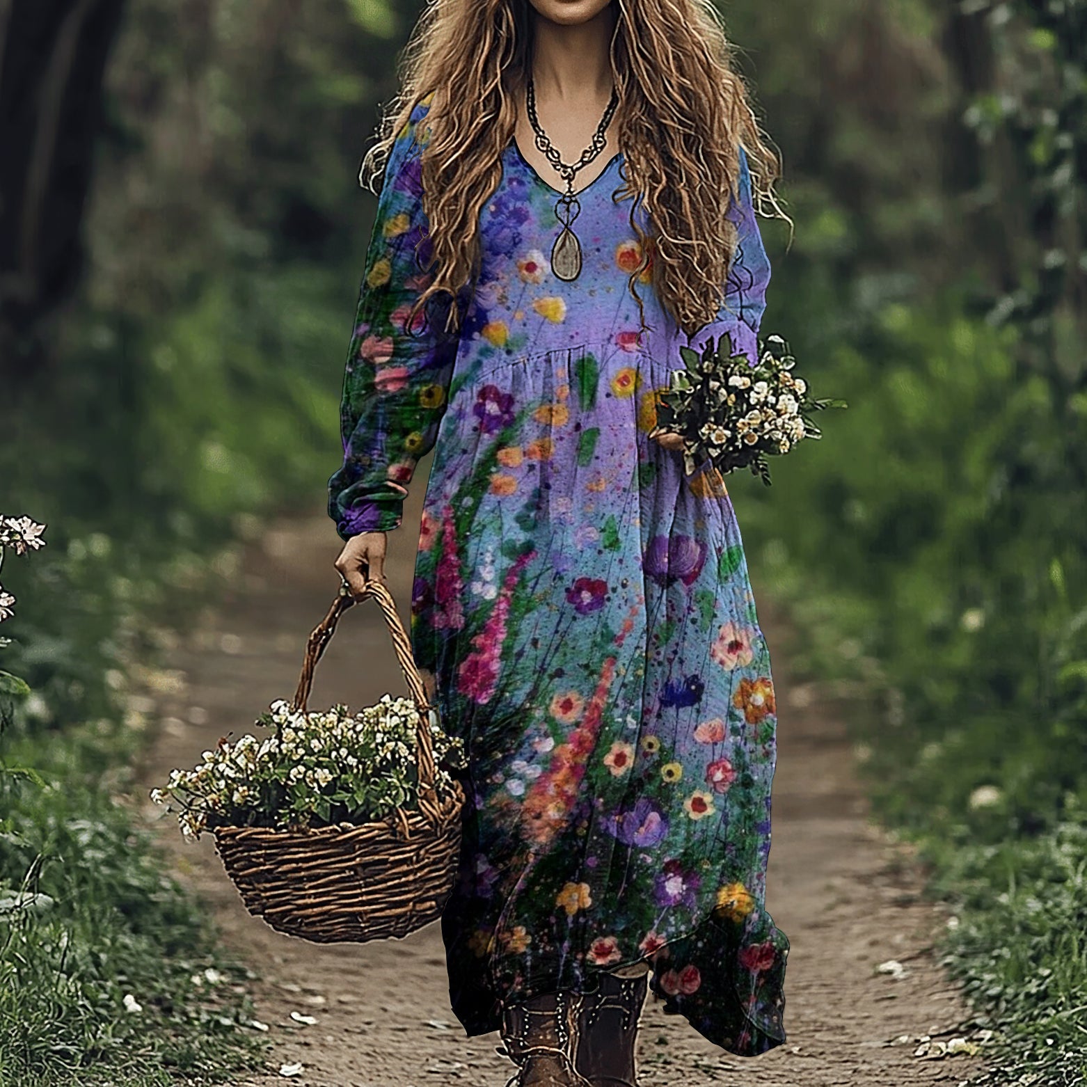 Women's Vintage Flowers Art Linen Blend Maxi Dress elevenforest