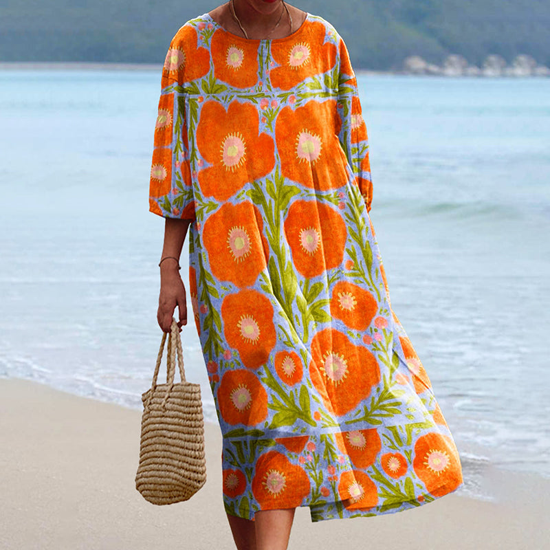 Women's Vintage Flowers Art Print Flowy Cotton Crew Neck Dress elevenforest