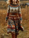 Comstylish Retro Christmas Series Women's Round Neck Knitted Sweater Dress Long Dress