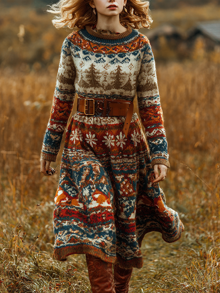 Comstylish Retro Christmas Series Women's Round Neck Knitted Sweater Dress Long Dress