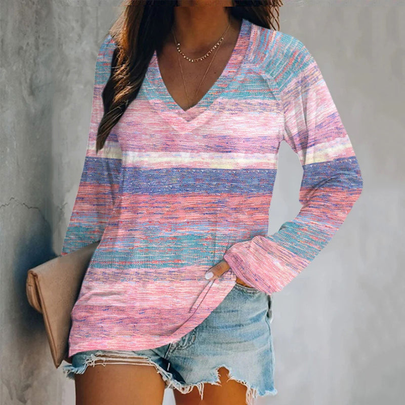 Women's Pink Color Block Stripes Print Casaul V Neck T-Shirt elevenforest