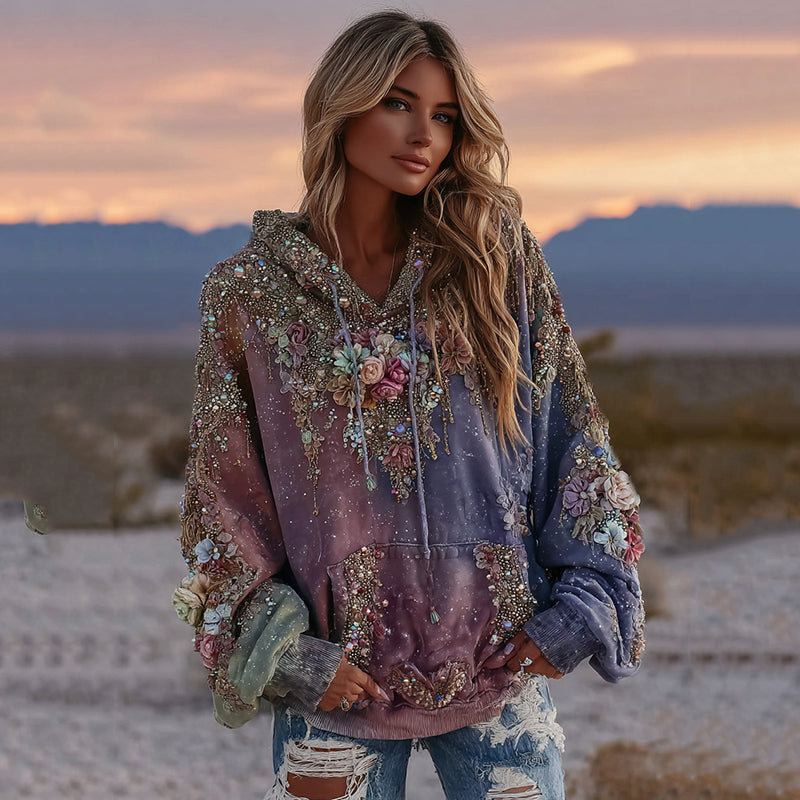 Women's Gradient Rose Embroidery Art Cozy Hooded elevenforest