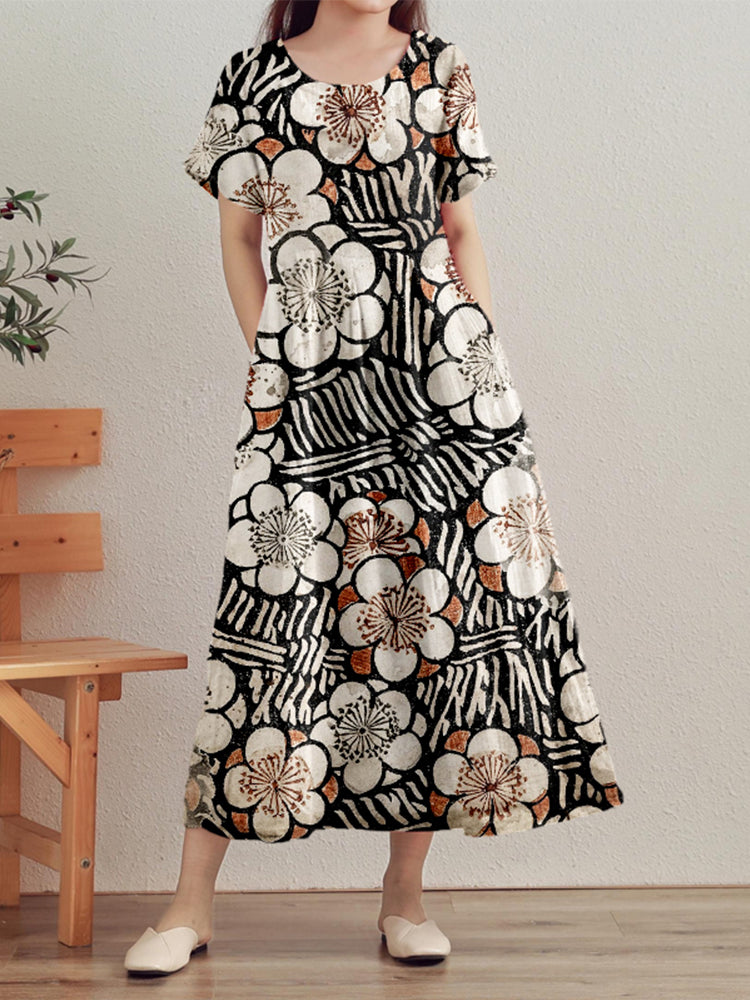 Vintage Japanese Art Pattern Linen Maxi Dress elevenforest