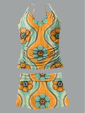 Women's V-Neck Vintage Floral Print Suspender Skirt Tankini Pantskirt Set Swimsuit