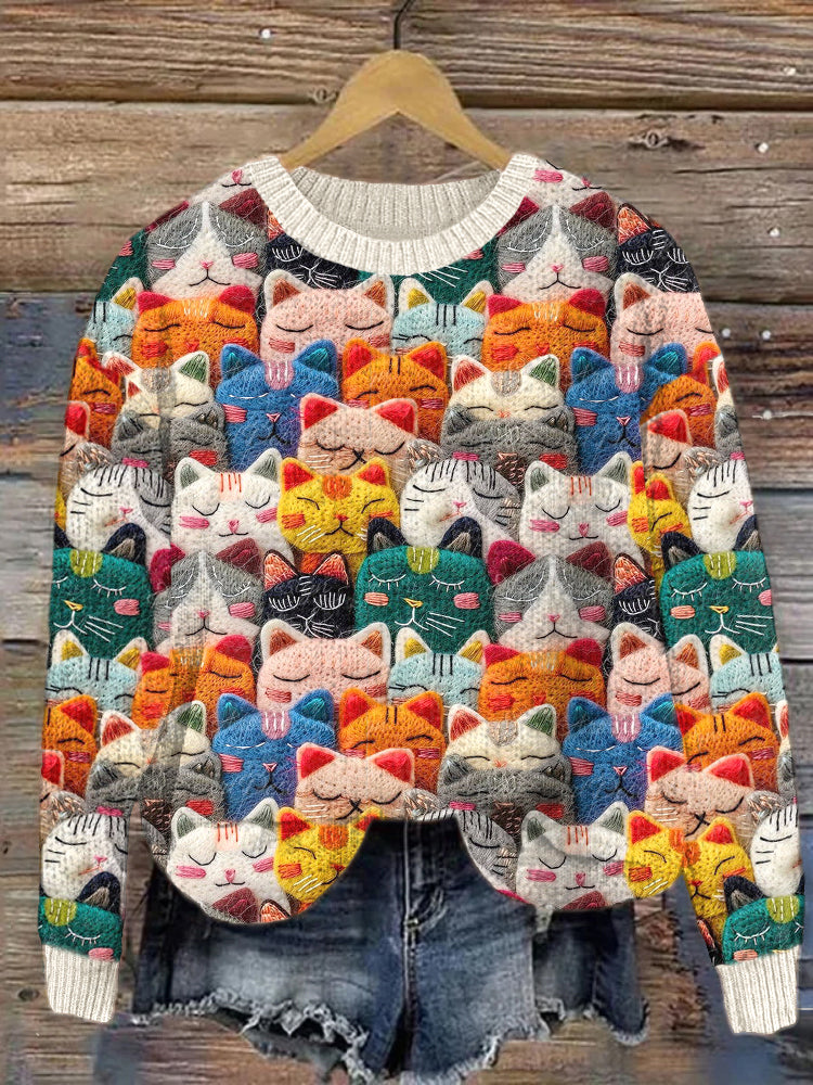 Comstylish Cute Cats Felt Art Cozy Knit Sweater