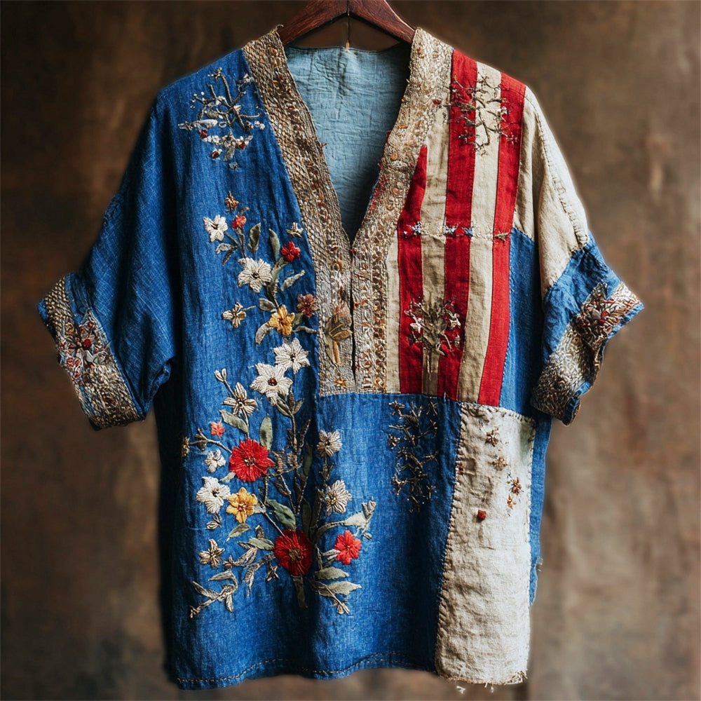 Vintage Ethnic Floral Embroidery Women's V-neck Linen Shirt elevenforest