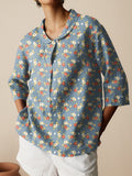 Women's Floral Art  Print Casual Linen Cotton 3/4 Sleeve Shirt