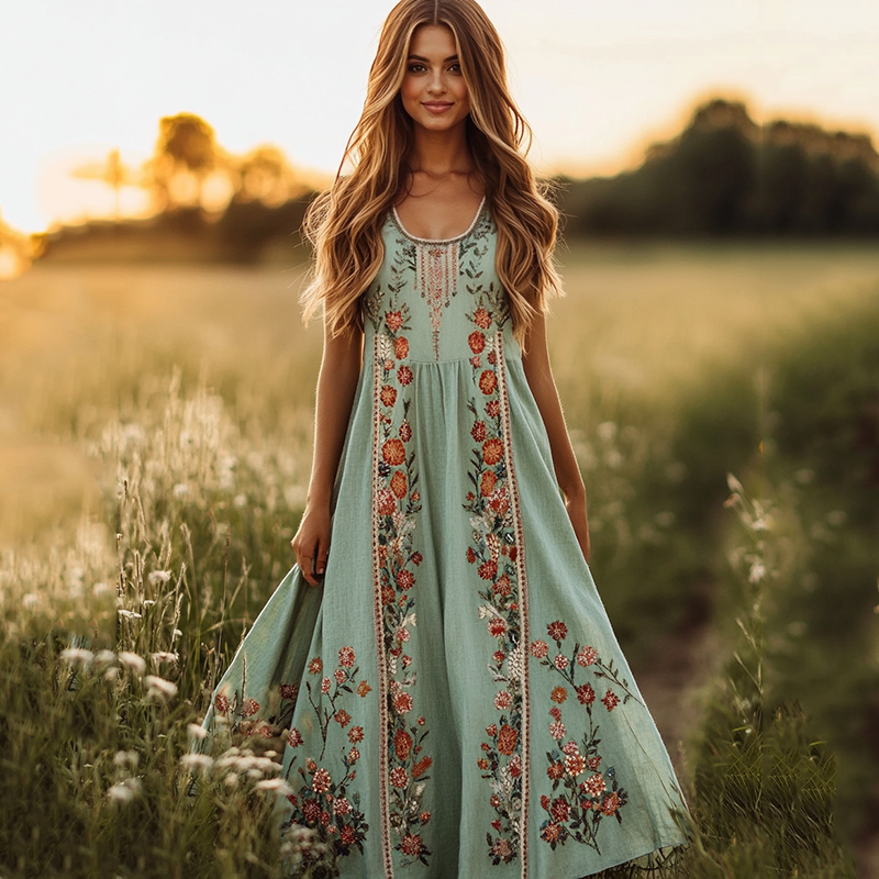 Bohemian Floral Art Linen Comfy Tank Dress elevenforest