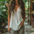 Comstylish Women's Ethnic Style Linen V-neck Sleeveless Top