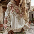 Women's Vintage Pink Rose Embroidery Art Round Neck Casual Sweatshirt elevenforest