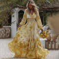 Women's Vintage Yellow Roses And Floral Art Print V-neck Long Sleeve Maxi Dress elevenforest