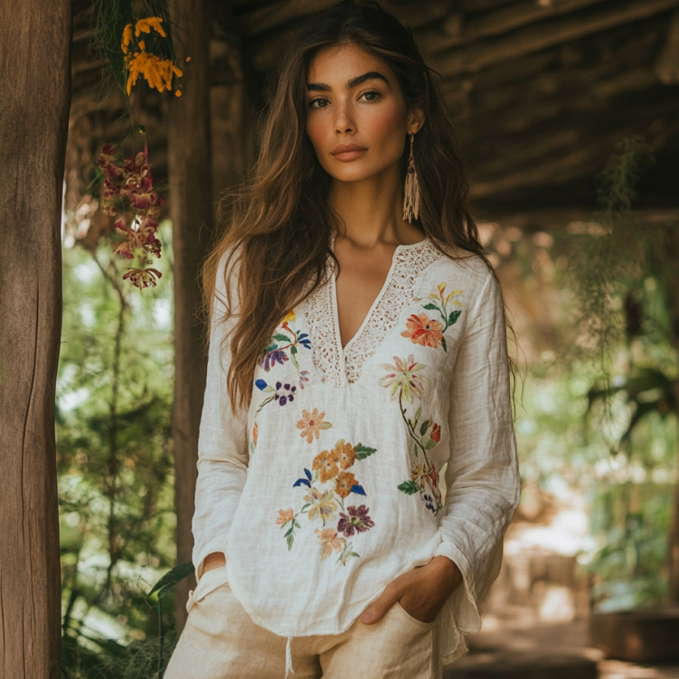Retro Bohemian Floral Embroidery Art Graphics Casual Linen Blend Blouse elevenforest