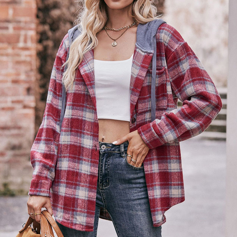 Hooded Flannel Plaid Coat Shirt in Multiple Colors