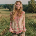 Women's Vintage Pink Rose Art Comfy Crew Neck Shirt elevenforest