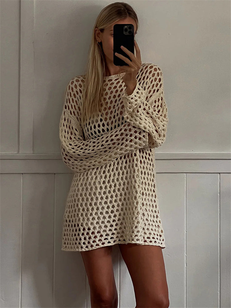 Tossy Knit Hollow Out Cover Up Mini Dress for See-through Loose Beach Holiday Clothes Summer Patchwork Knitwear Cover Up