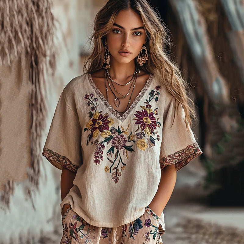 Women's Floral Embroidery Short Sleeve Casual Linen Top elevenforest